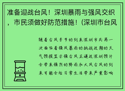 准备迎战台风！深圳暴雨与强风交织，市民须做好防范措施！(深圳市台风暴雨公众防御指引)