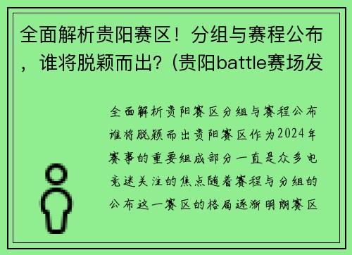 全面解析贵阳赛区！分组与赛程公布，谁将脱颖而出？(贵阳battle赛场发生群殴)