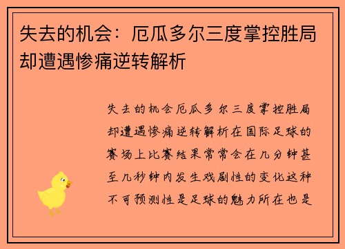 失去的机会：厄瓜多尔三度掌控胜局却遭遇惨痛逆转解析