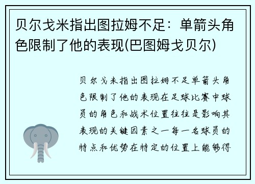 贝尔戈米指出图拉姆不足：单箭头角色限制了他的表现(巴图姆戈贝尔)