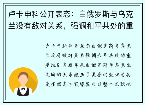卢卡申科公开表态：白俄罗斯与乌克兰没有敌对关系，强调和平共处的重要性